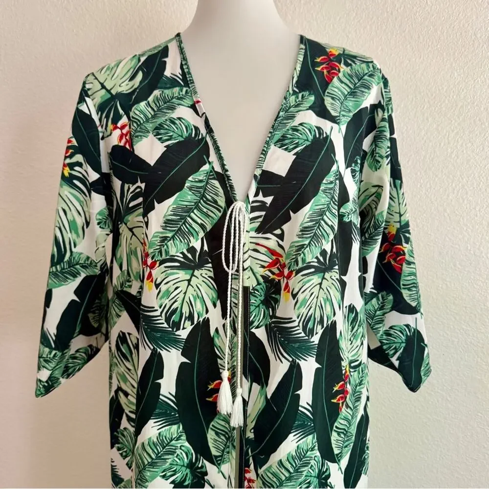Rachel Zoe Palm Print Caftan in Green and White One Size